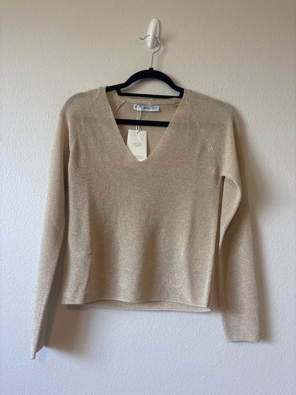 MNG (Mango) Gold Shimmer V-Neck Sweater - Size XS - NWT